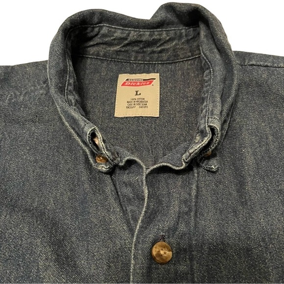 Dickies Mens Large Blue Denim Workwear Button Up Long Sleeve Outdoors Shirt Sz L - Picture 2 of 6